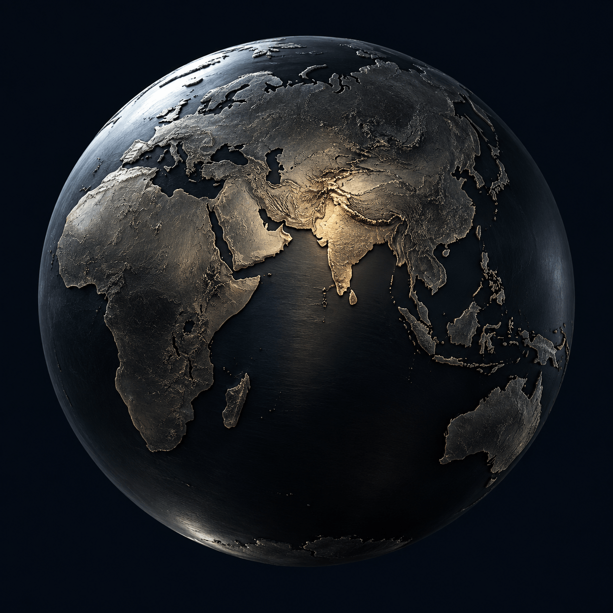 Sculptural metal globe, with India picked out in warm light